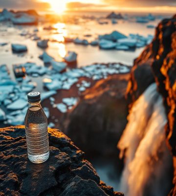 A bottle of water next to icebergs